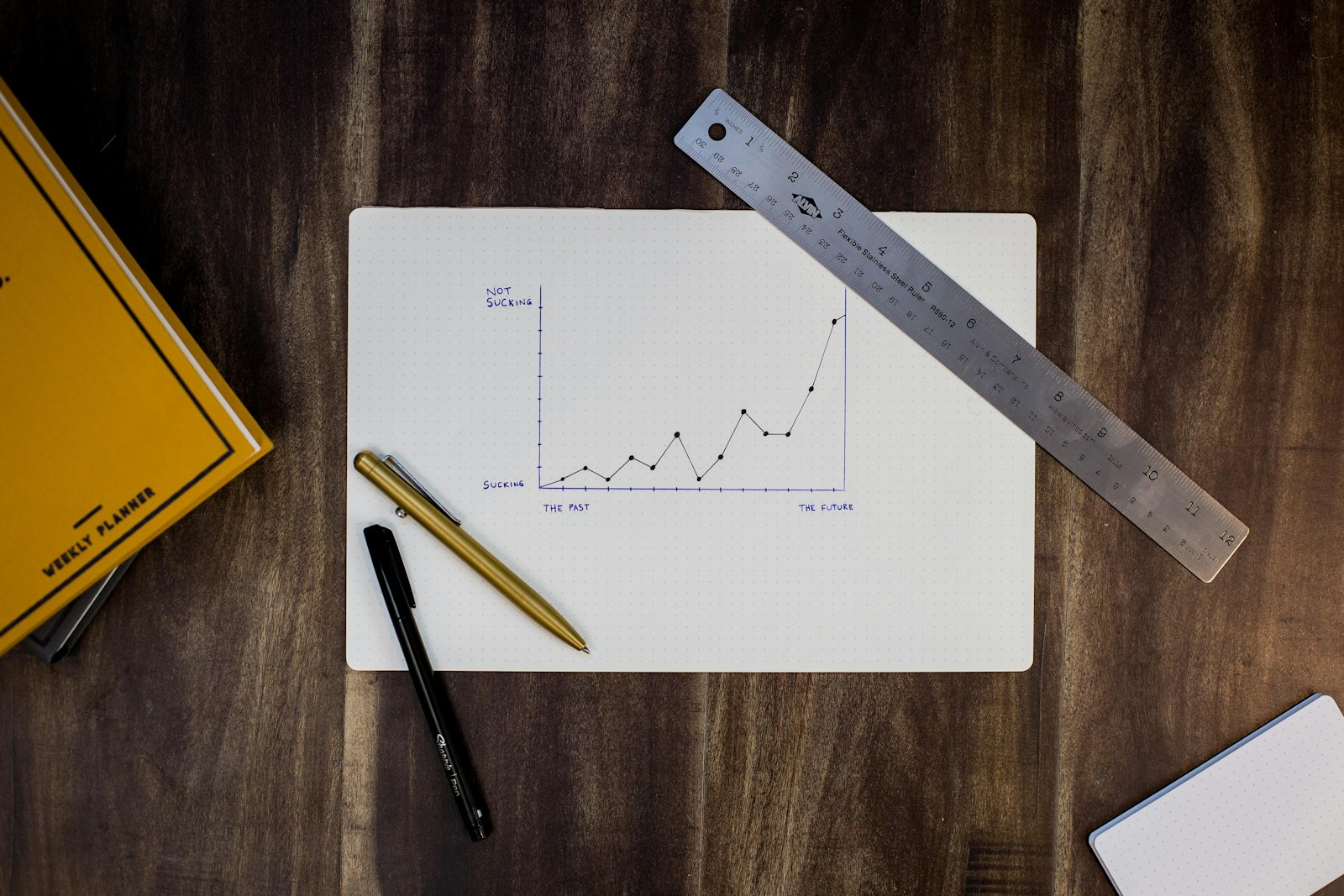 A hand-drawn line chart plotted on a notebook page with a ruler and a fountain pen resting on the desk beside it